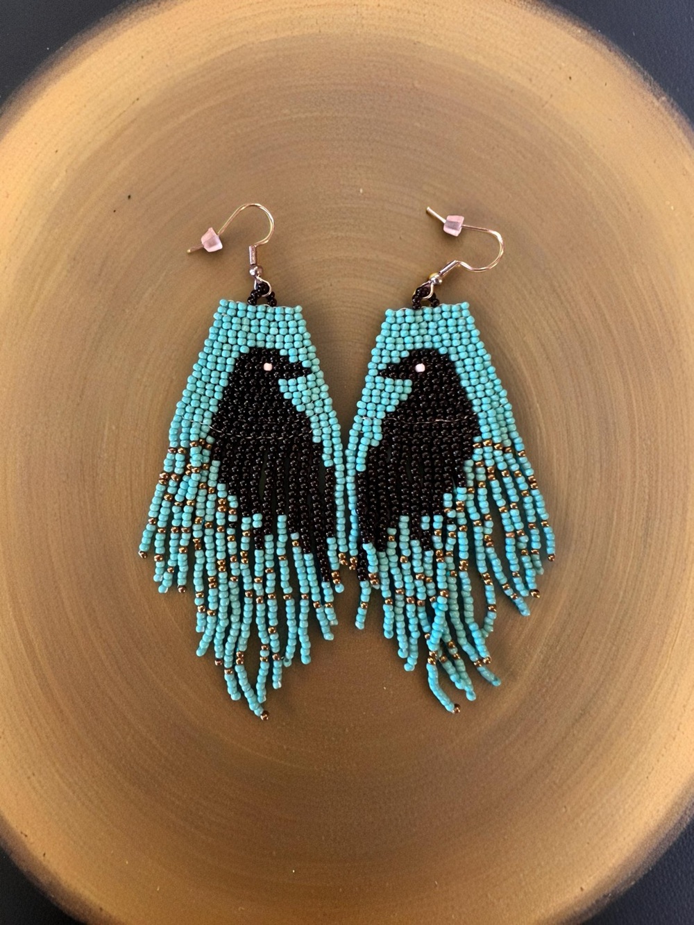 Turquoise & Black Glass Seed Beaded Raven Fringe Earrings